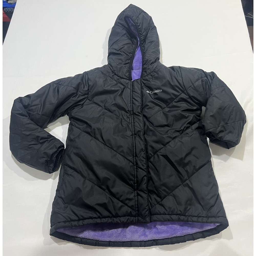 Columbia Big Fir Hooded Reversible Puffer Jacket Girls Large Black Purple Winter